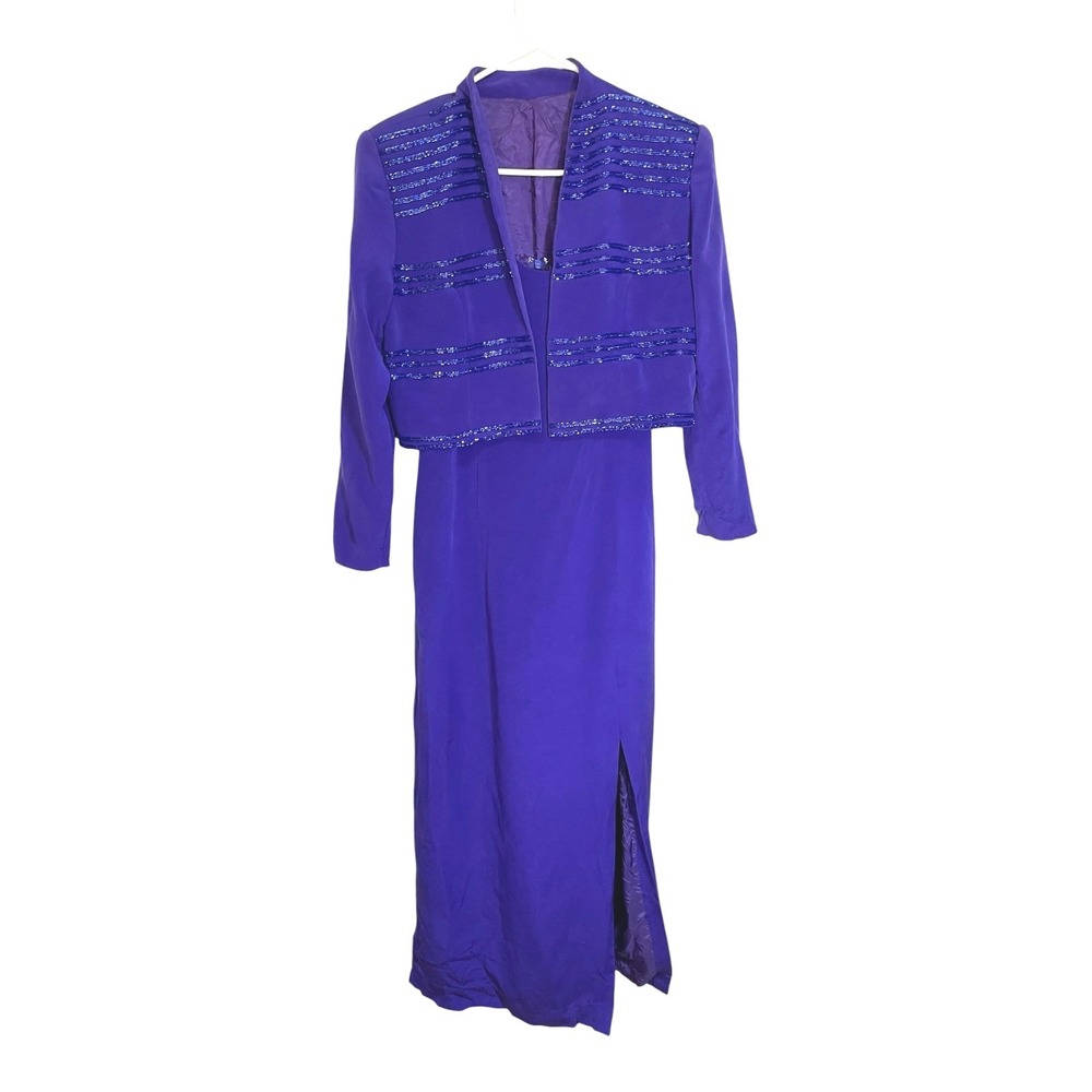 Vintage Purple Maxi Dress Bolero Jacket Set Beaded Formal Evening Gown Regal